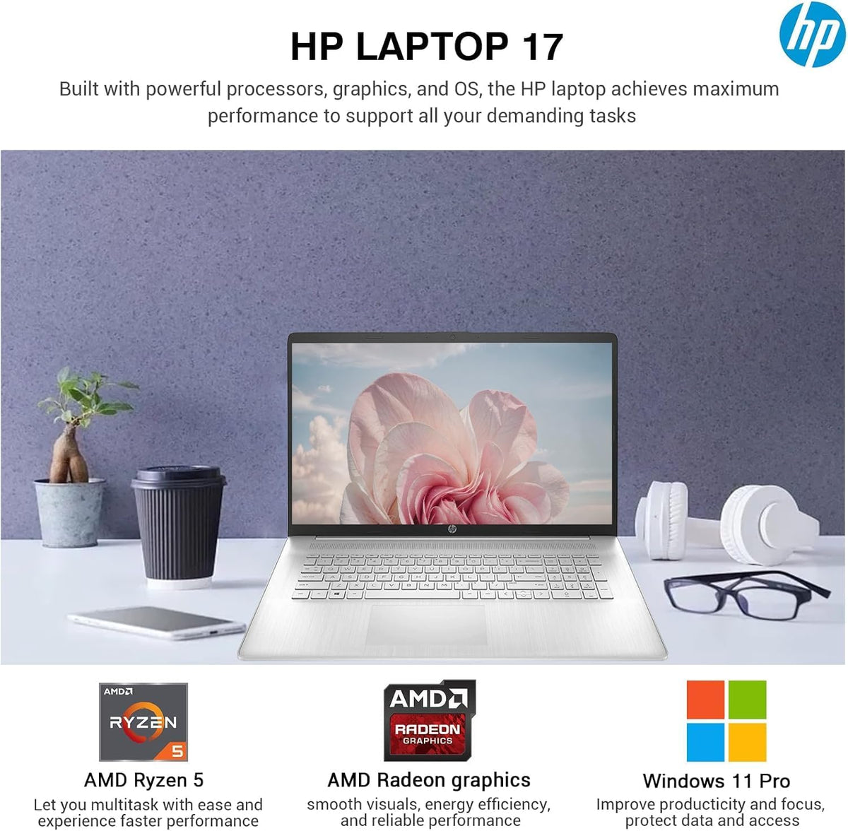 Ordinateur compact portable HP 17 Essential : PC professionnel 17,3 pouces IPS FHD, processeur AMD Ryzen 5 à 6 cœurs, 32 Go de RAM, 1,5 To de stockage (1 To SSD + 500 Go d’extension), Windows 11 Pro, Copilot AI, suite Office à vie, HubxcelAccessory
