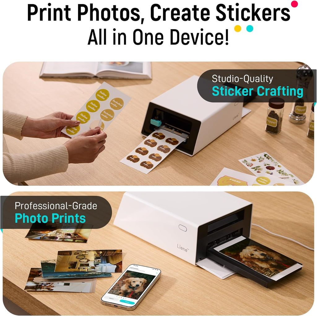 Liene PixCut S1 Imprimante et découpeuse d'autocollants couleur – Créatrice d'autocollants tout-en-un pour loisirs créatifs, étiquettes personnalisées et cadeaux. Imprimante photo à sublimation thermique 300 DPI, découpe automatique IA précise.