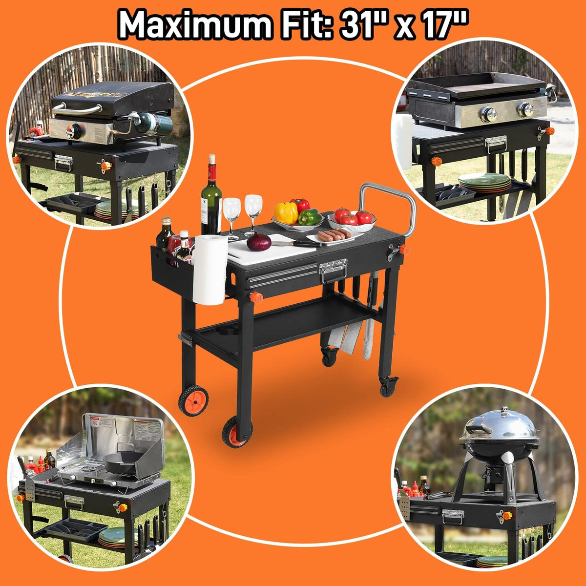 Table de cuisson pour plancha Blackstone, table de cuisson portable dotée de chariot - Convient aux autres planchas de table de 17 ou 22 pouces. Support pliable Ninja pour plancha et support Blackstone pour le camping et les pique-niques en plein air