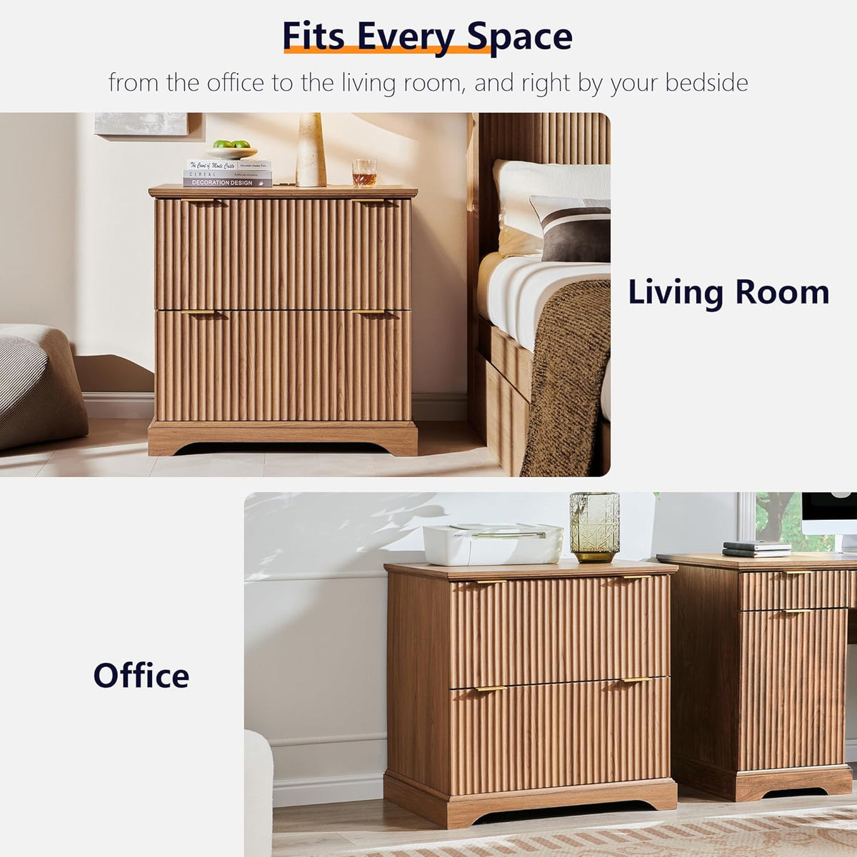 Classeur à deux tiroirs JXQTLINGMU dotée de station de charge, classeur latéral cannelé 30 pouces avec tringle de suspension pour dossiers format lettre/légal/A4, grand plateau pour imprimante, meuble de bureau en bois pour imprimante, finition grain