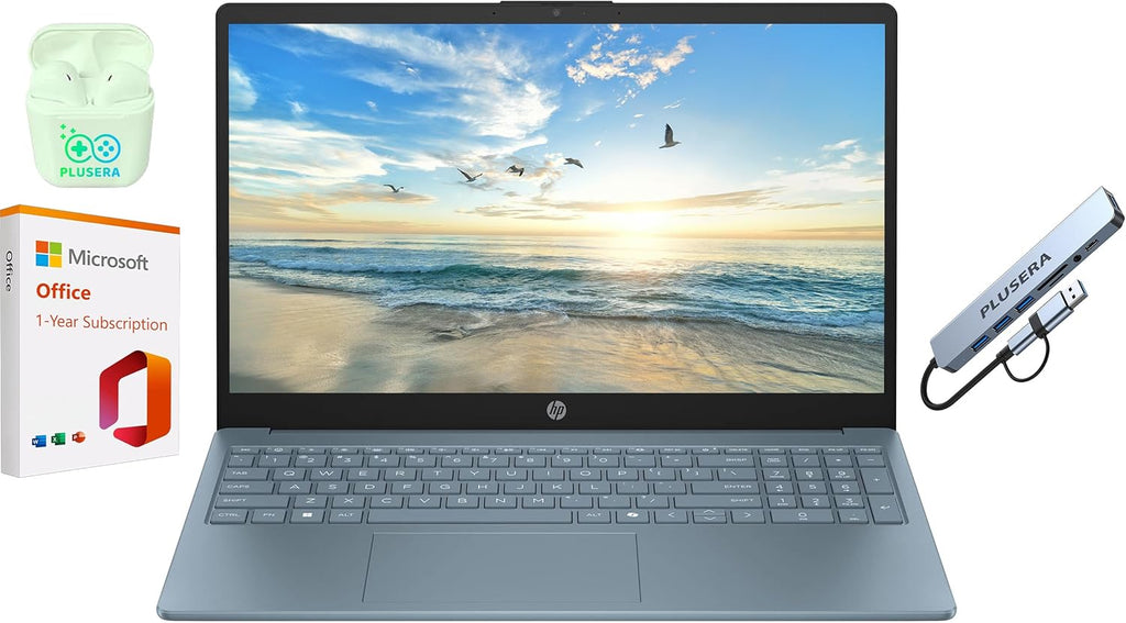 Ordinateur compact portable professionnel HP 15,6 pouces avec Microsoft Office 365, 16 Go de RAM, 128 Go de stockage UFS, processeur Intel quadricœur, Windows 11, écouteurs PLUSERA et hub 8 en 1 inclus, bleu clair de lune