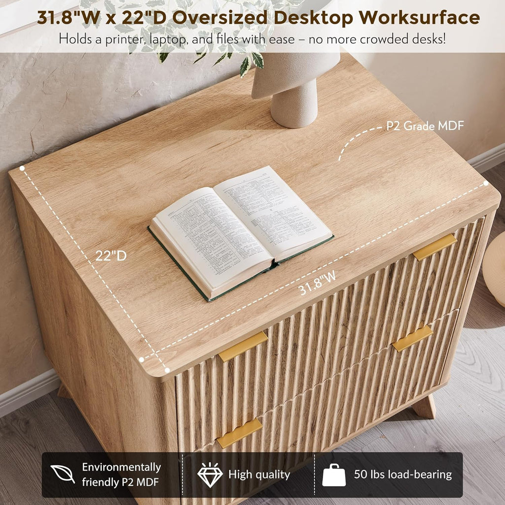 Classeur à deux tiroirs T4TREAM, classeur latéral cannelé de 31,8 cm dotée de tringle de suspension pour dossiers format Lettre/Légal/A4, grand plateau pour imprimante, meuble de bureau en bois, chêne naturel
