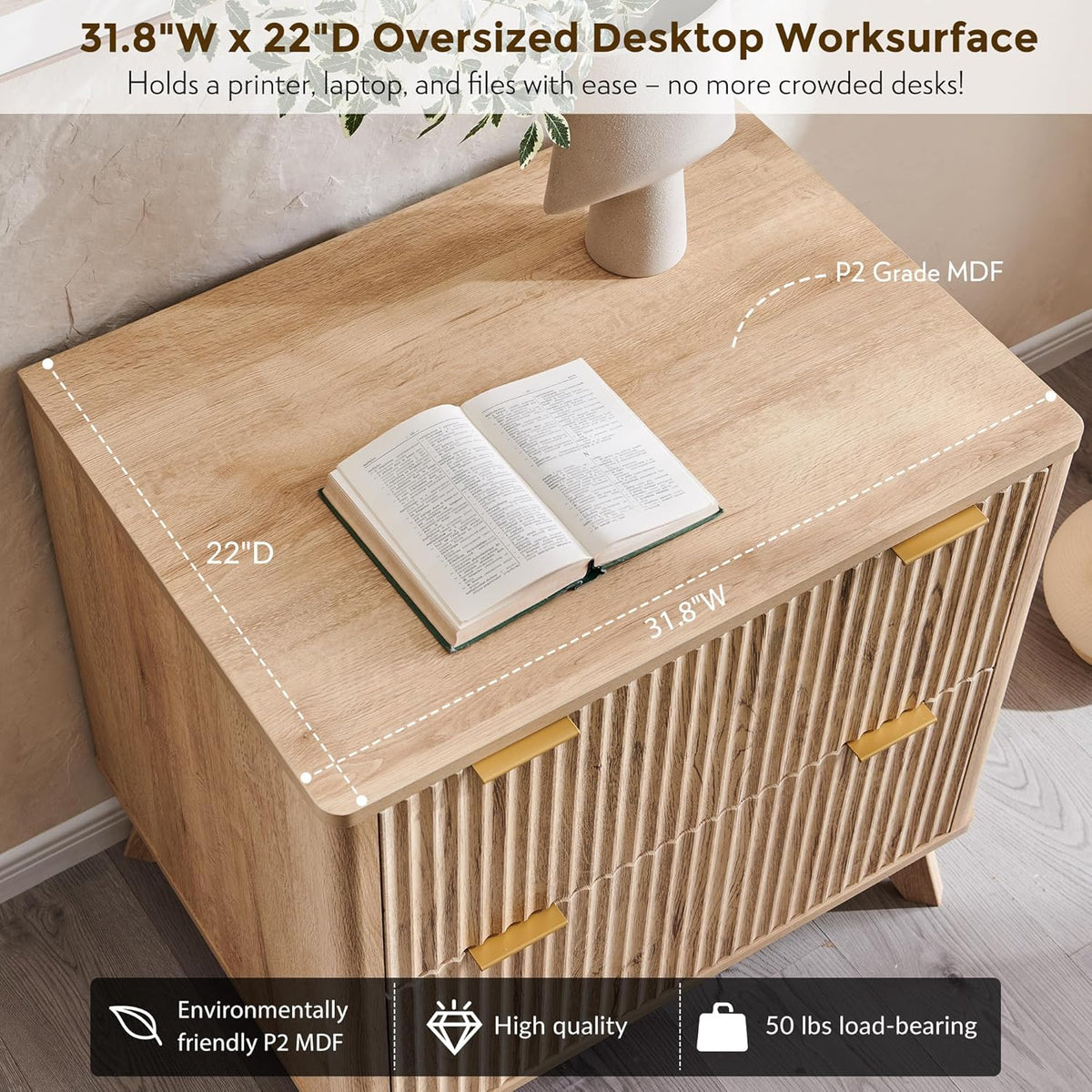 Classeur à deux tiroirs T4TREAM, classeur latéral cannelé de 31,8 cm dotée de tringle de suspension pour dossiers format Lettre/Légal/A4, grand plateau pour imprimante, meuble de bureau en bois, chêne naturel