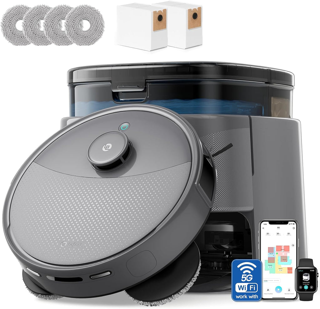 Aspirateur et laveur robot Lefant LiDAR, aspiration de 20 000 Pa, vidage automatique après 90 jours, détection d'obstacles, lavage et séchage automatiques, adapté à les poils d'animaux et les tapis, compatible Wi-Fi 5G, Alexa/application/Apple…