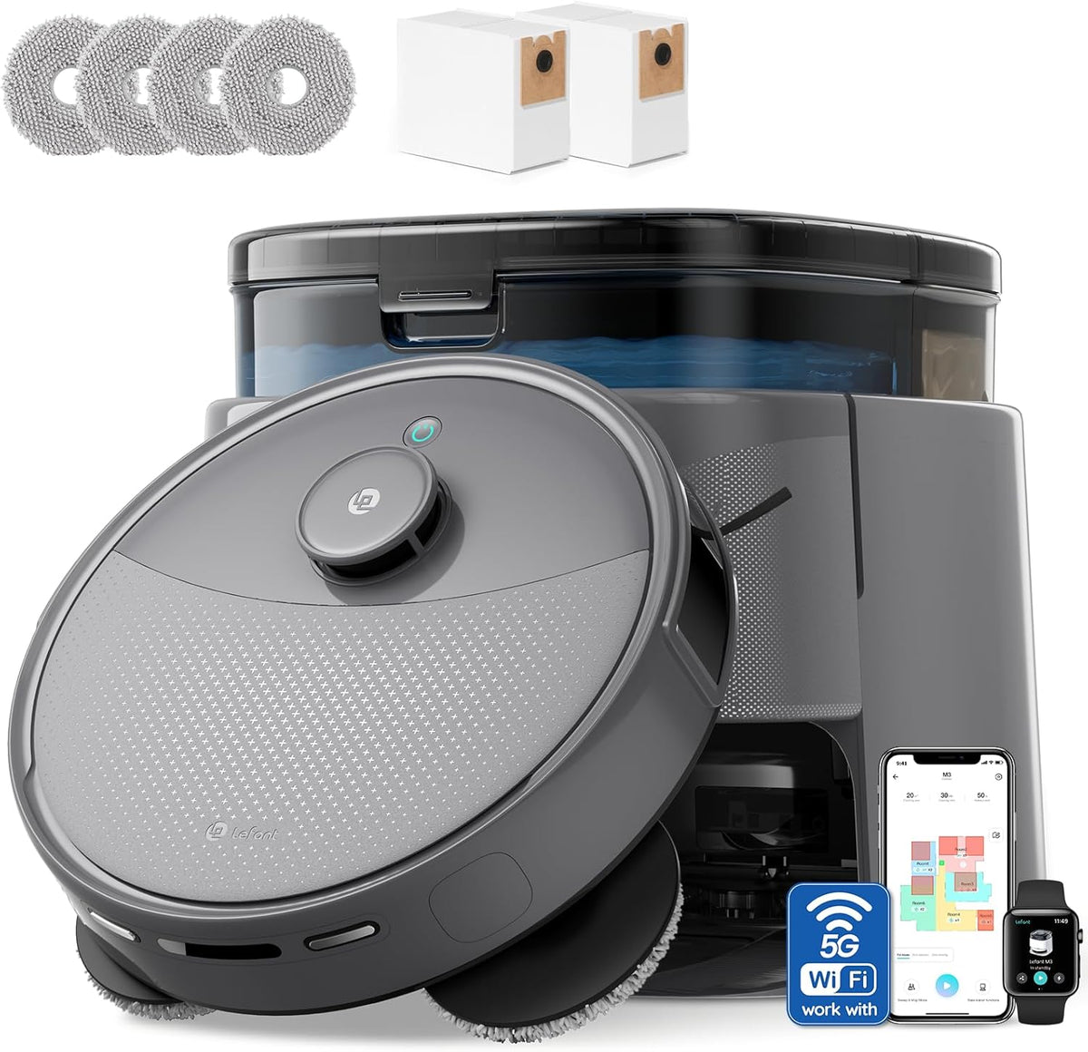 Aspirateur et laveur robot Lefant LiDAR, aspiration de 20 000 Pa, vidage automatique après 90 jours, détection d'obstacles, lavage et séchage automatiques, adapté à les poils d'animaux et les tapis, compatible Wi-Fi 5G, Alexa/application/Apple…