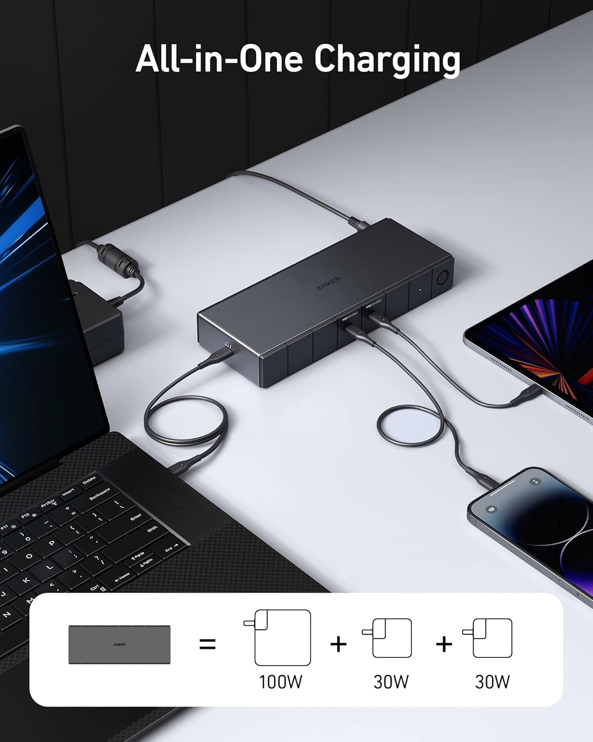 Station d'accueil Anker 778 Thunderbolt (12-en-1 Thunderbolt 4) 40 Gbit/s avec charge maximale de 100 W pour ordinateur compact portable, écran 8K ou 4K (simple ou double), Ethernet, 6 ports USB, compatible avec les ordinateurs portables Dell, HP et