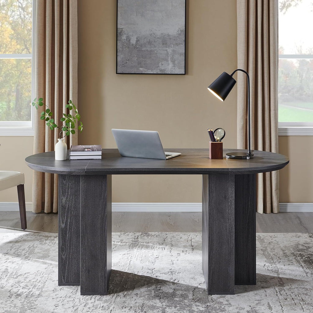 Table de salle à manger ovale moderne en bois OKD de 160 cm (63 pouces) pour 4 à 6 personnes, dotée de piètement stable en forme de T, structure en métal et plateau épais. Table robuste idéale pour la salle à manger, la cuisine ou les réunions de fam