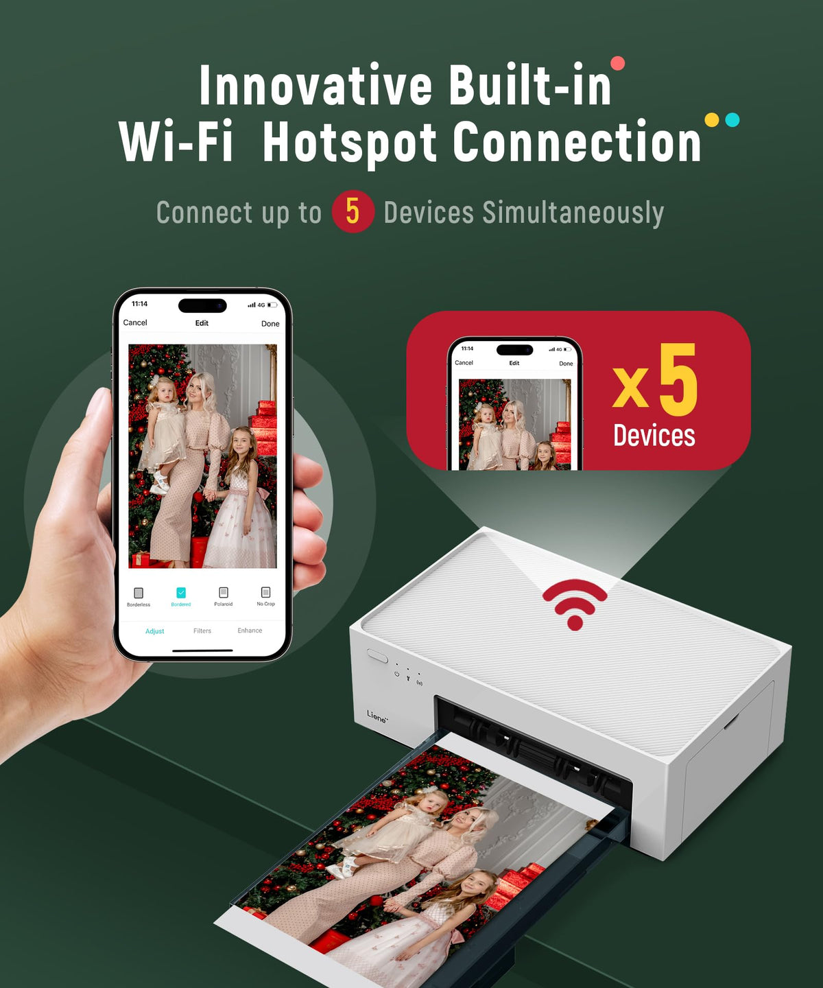 Imprimante photo Liene 46 doté de Wi-Fi, 100 feuilles, sublimation thermique, pour iPhone et Android