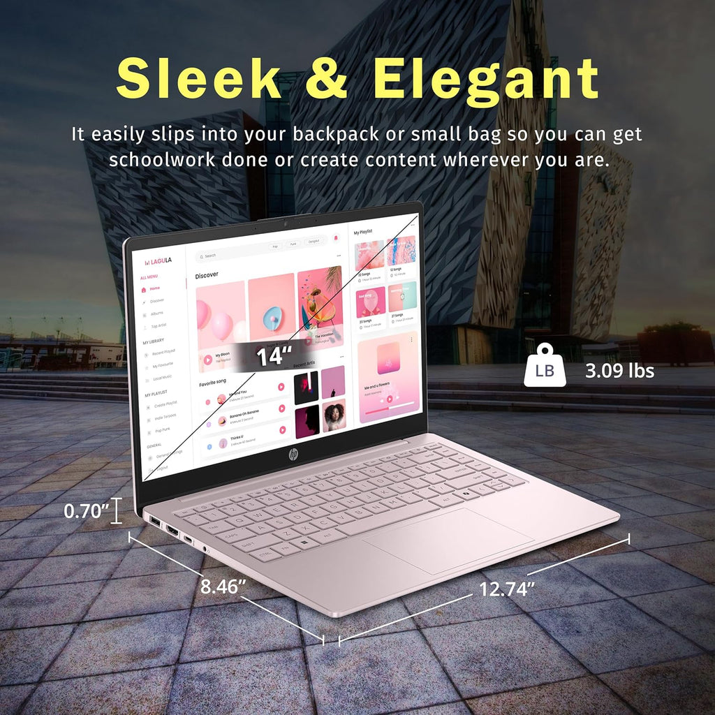 Ordinateur compact portable HP Stream 14 HD, processeur Intel N150, 16 Go de RAM, 416 Go de stockage (128 Go UFS + station d'accueil de 288 Go), carte graphique Intel, abonnement d'un an à Office 365, Copilot, Wi-Fi, webcam HD, Windows 11, rose