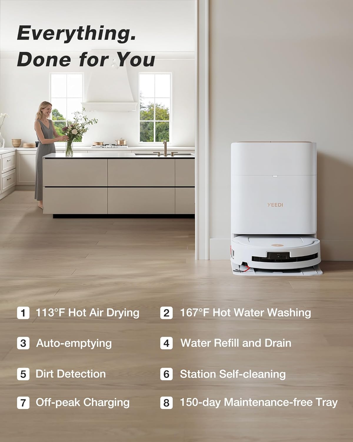 Aspirateur et laveur robot Yeedi M14 Plus doté de station tout-en-un, 18 000 Pa, rouleau OZMO pour un lavage instantané et autonettoyant, lavage à l'eau chaude à 75 °C et séchage automatique, ZeroTangle 3.0, vidage automatique, blanc