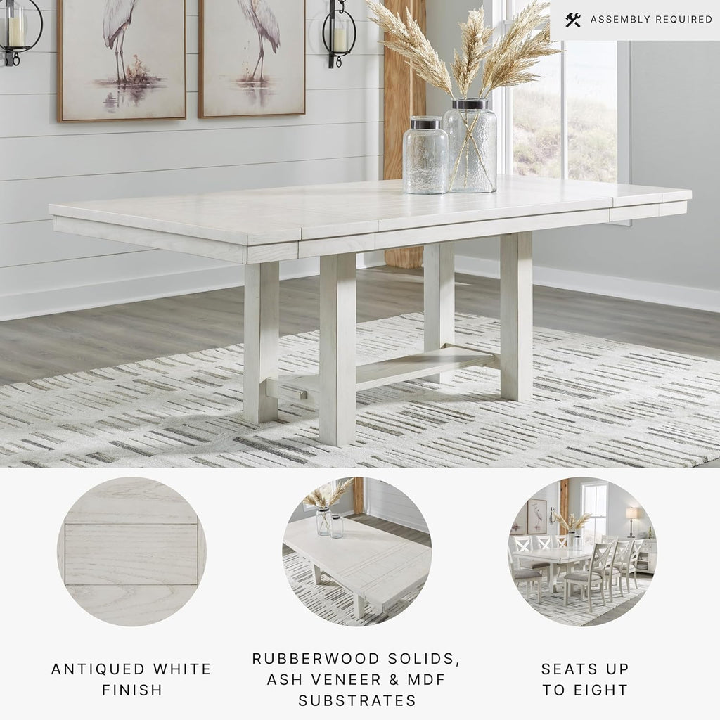 Table de salle à manger extensible Signature Design by Ashley Robbinsdale, style décontracté, dotée de rallonge centrale amovible, piètement à tréteaux, placage frêne, plateau effet planches, 2 rallonges centrales amovibles, 8 couverts, blanc