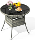 Table de jardin ronde YITAHOME pour 4 personnes, 80 cm de diamètre, dotée de plateau en verre facile à nettoyer. Table bistro ronde en rotin résistant aux intempéries, idéale pour terrasse, porche ou piscine. Couleur : gris.