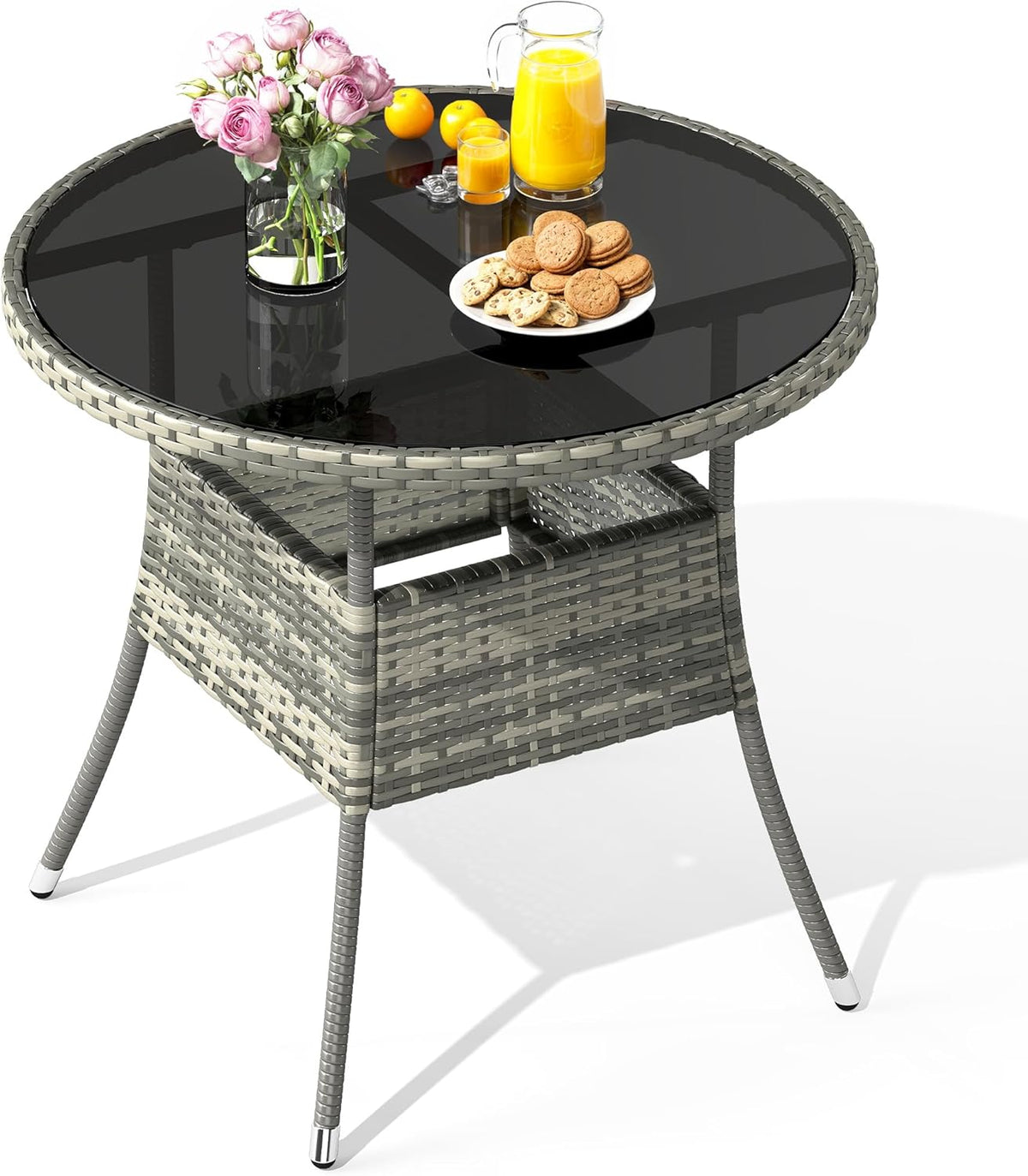 Table de jardin ronde YITAHOME pour 4 personnes, 80 cm de diamètre, dotée de plateau en verre facile à nettoyer. Table bistro ronde en rotin résistant aux intempéries, idéale pour terrasse, porche ou piscine. Couleur : gris.