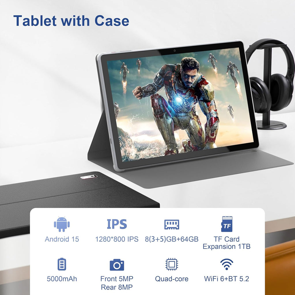 Tablette tactile BYYBUO Android 15, 10,1 pouces avec étui, 8 Go de RAM, 64 Go de ROM, processeur quadricœur, batterie 5000 mAh, écran tactile IPS FHD 1280 x 800, double caméra 5 MP + 8 MP, Bluetooth, Wi-Fi, boîtier en métal, SMARTPAD A10_L