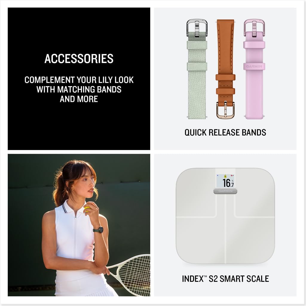 Présentation : Garmin Lily® 2 Active Montre connectée compacte et élégante GPS intégré Écran dissimulé Verre à motifs Jusqu'à 9 jours d'autonomie Couleur or lunaire Bracelet en silicone couleur os