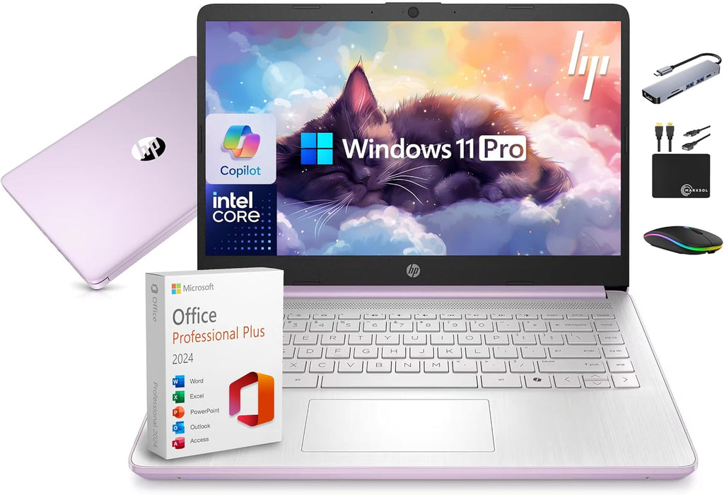 Ordinateur compact portable HP 14 (2025-2026) : Professionnel, Étudiant, Copilot AI, Suite Office à vie, Processeur Intel quadricœur, 16 Go de RAM, 628 Go de stockage (128 Go UFS + 500 Go d'extension), Wi-Fi 6, Autonomie de plus de 10 heures