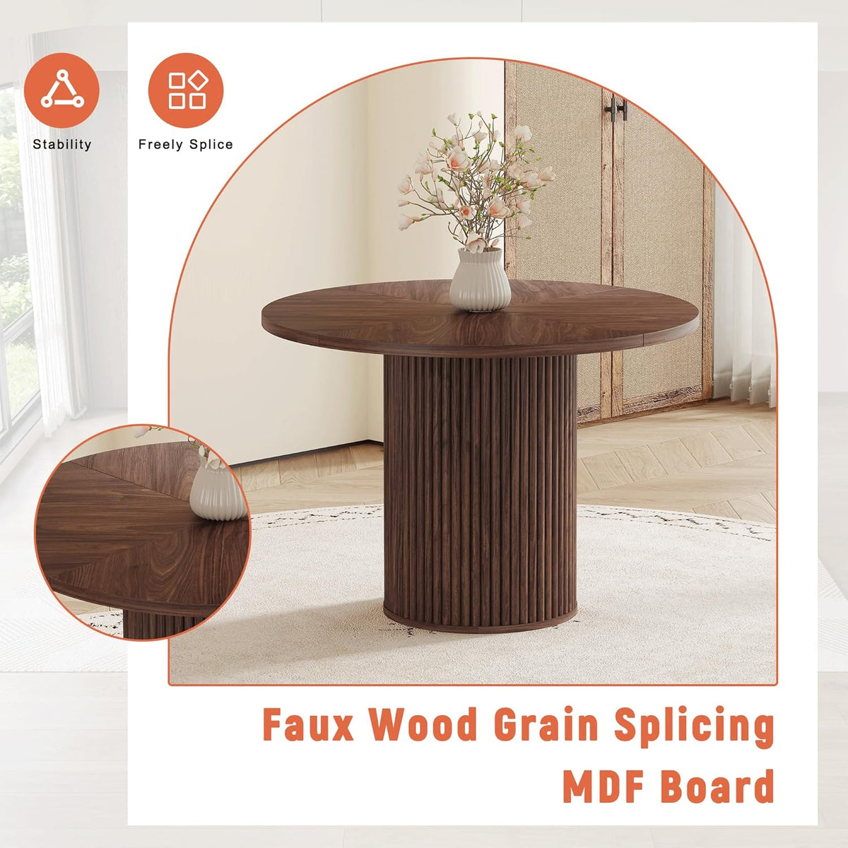 Table de salle à manger ronde de 107 cm dotée de rangement, table ronde moderne avec plateau en bois et piètement cylindrique, table de cuisine ronde peu encombrante pour salle à manger.
