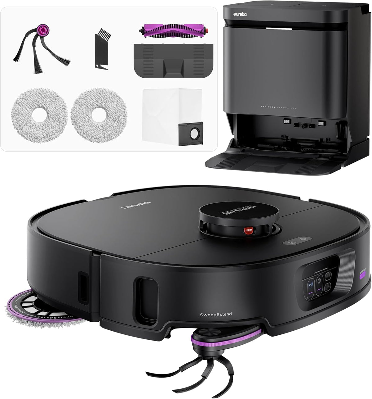 Aspirateur robot tout-en-un Eureka J15 Max Ultra à vidage automatique, aspiration de 22 000 Pa, lavage à l'eau chaude à 80 °C, séchage à l'air chaud à 55 °C, plateau de base autonettoyant, bras de lavage flexible, système anti-enchevêtrement RTCam…