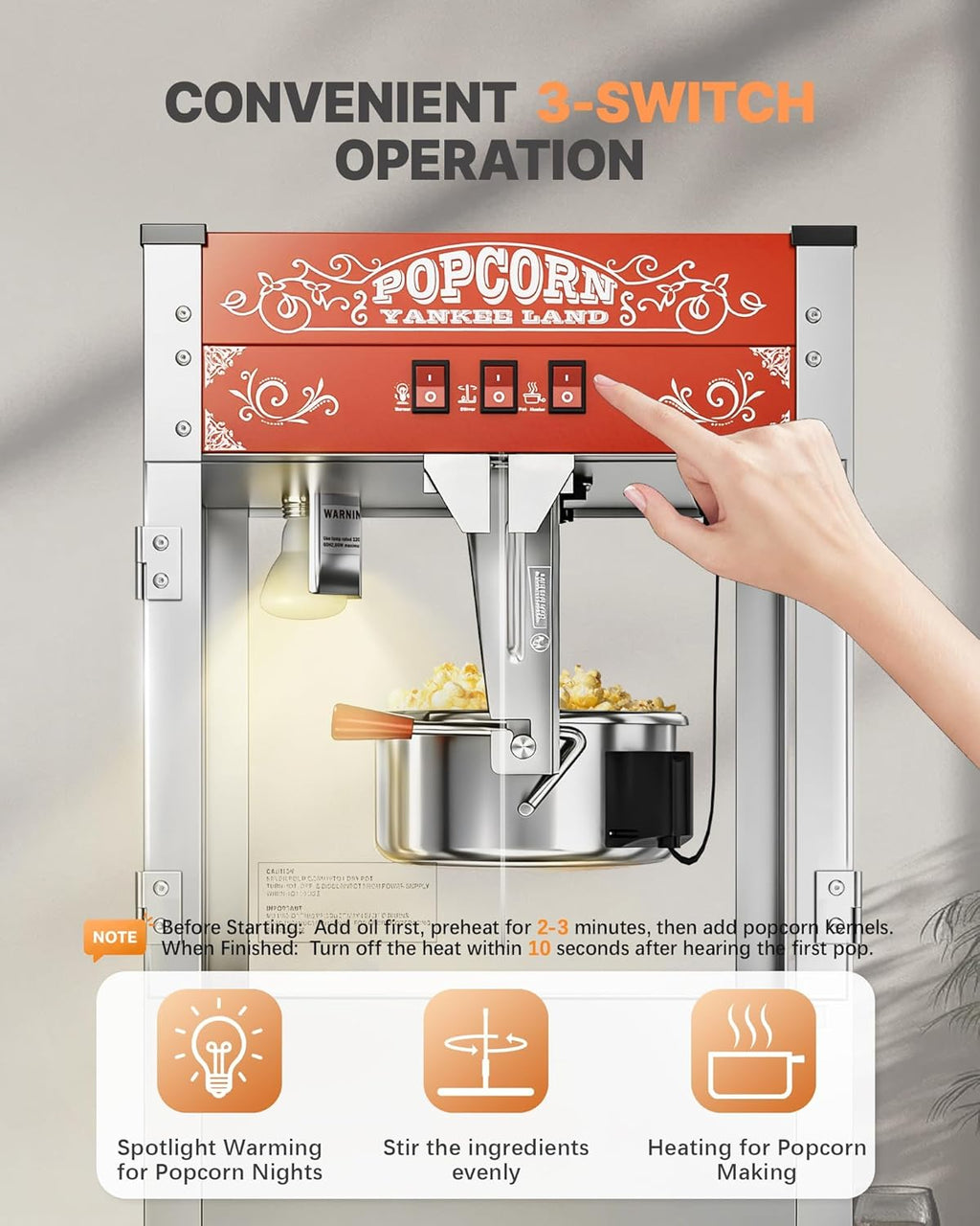 Machine à popcorn commerciale 16 oz, 1440 W, machine à popcorn de cinéma, machine à popcorn de table rouge dotée de commande à 3 interrupteurs et portes en verre trempé à cadre en acier