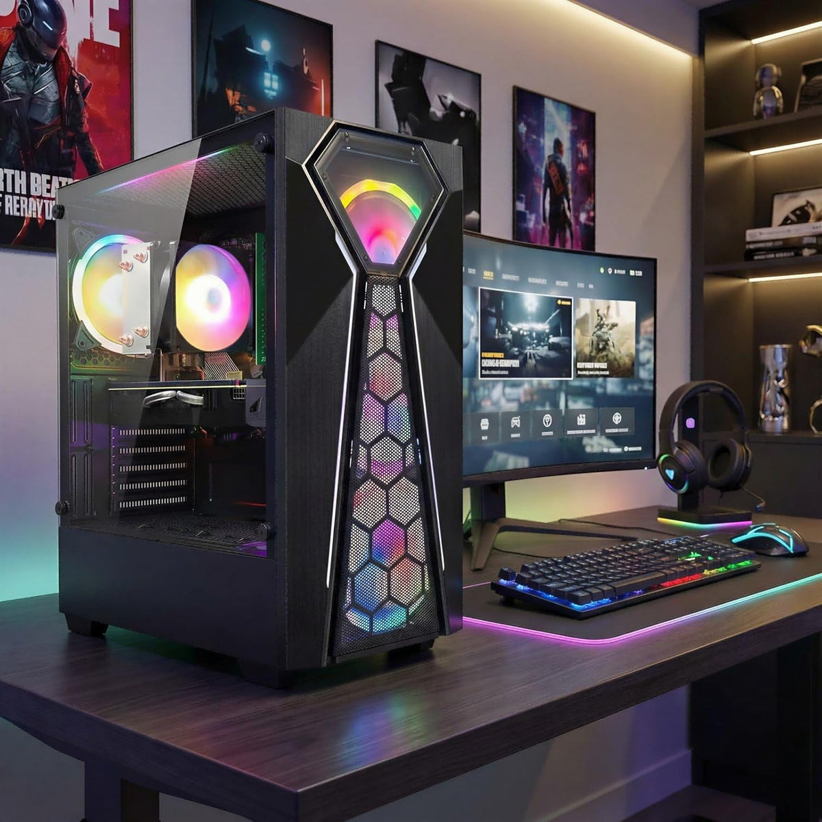 Ordinateur de bureau gaming STGAubron : processeur AMD Ryzen 3 3200G 3,6 GHz, carte graphique Radeon RX 580 (8 Go ou 16 Go de RAM), SSD 512 Go, Wi-Fi 6, Bluetooth 5.0, 4 ventilateurs RGB, Windows 11 Famille. – Modèle pratique