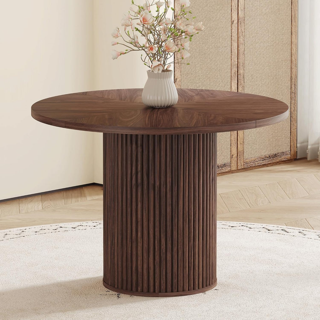 Table de salle à manger ronde de 107 cm dotée de rangement, table ronde moderne avec plateau en bois et piètement cylindrique, table de cuisine ronde peu encombrante pour salle à manger.