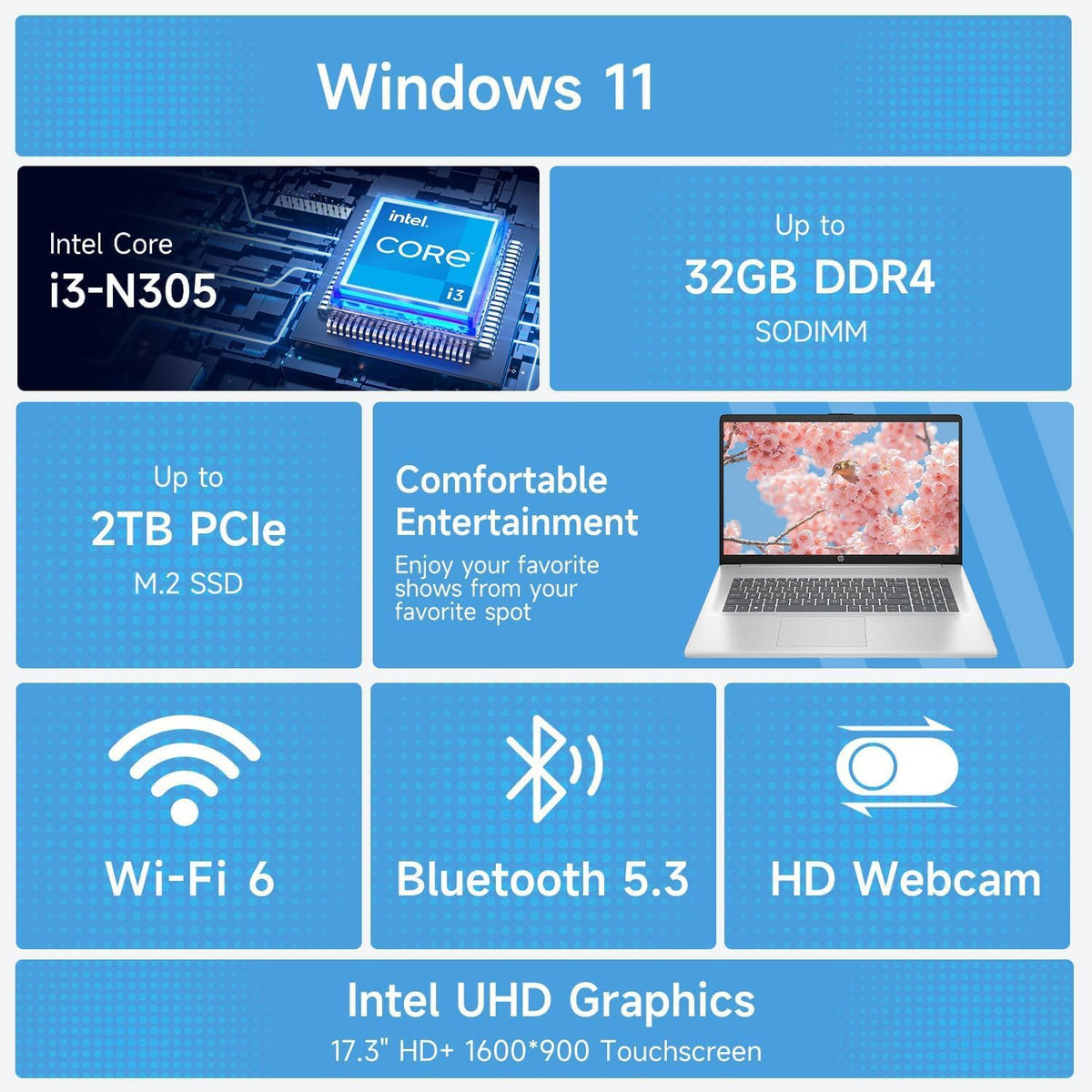 Ordinateur compact portable HP 17,3 pouces pour particuliers, étudiants et professionnels. Abonnement à vie à Office 365 pour le Web. Écran tactile 17,3 pouces. Processeur Intel 8 cœurs avec Copilot. 8 Go de RAM. Disque dur eMMC 128 Go. Cache de