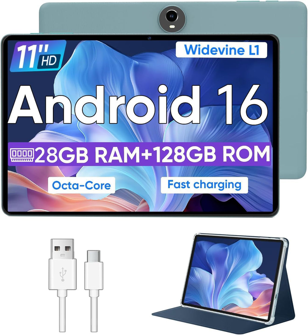 Tablette tactile WXUNJA Android 16, 11 pouces, processeur octocœur, 28 Go de RAM, 128 Go de ROM extensible jusqu'à 1 To, Widevine L1, batterie 8 000 mAh, Wi-Fi double bande 2,4/5 GHz, GPS et radio FM, caméras 5 et 8 MP, étui inclus, bleu