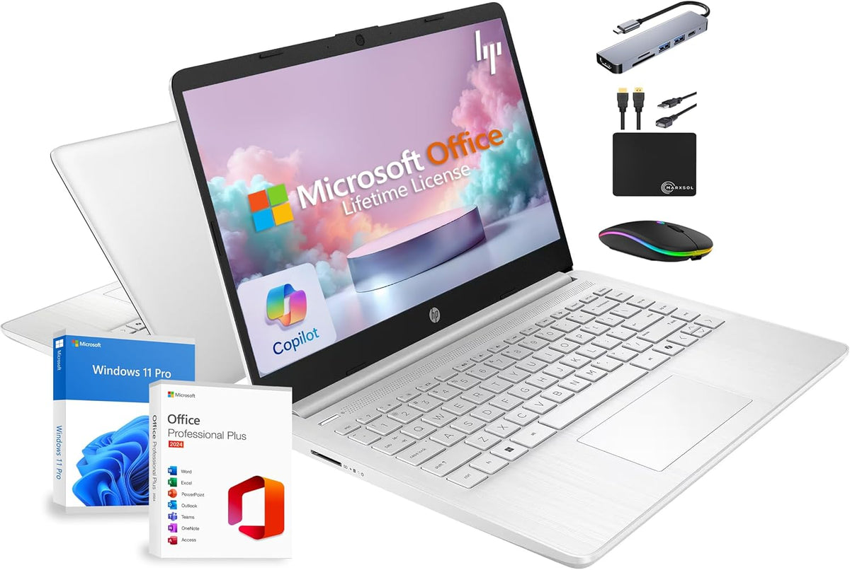 Ordinateur compact portable HP 14 (édition 2025) : Professionnel, Étudiant, Fin, Licence à vie pour Microsoft Office, Copilot AI, Processeur Intel quadricœur, 16 Go de RAM, 628 Go de stockage (128 Go UFS + 500 Go d'extension), Accessoires Marxsol