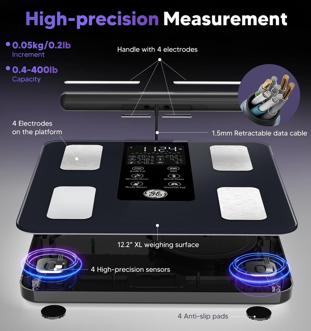 Balance connectée GE Smart Scale : analyseur de composition corporelle Bluetooth à 8 électrodes – Modèle pratique