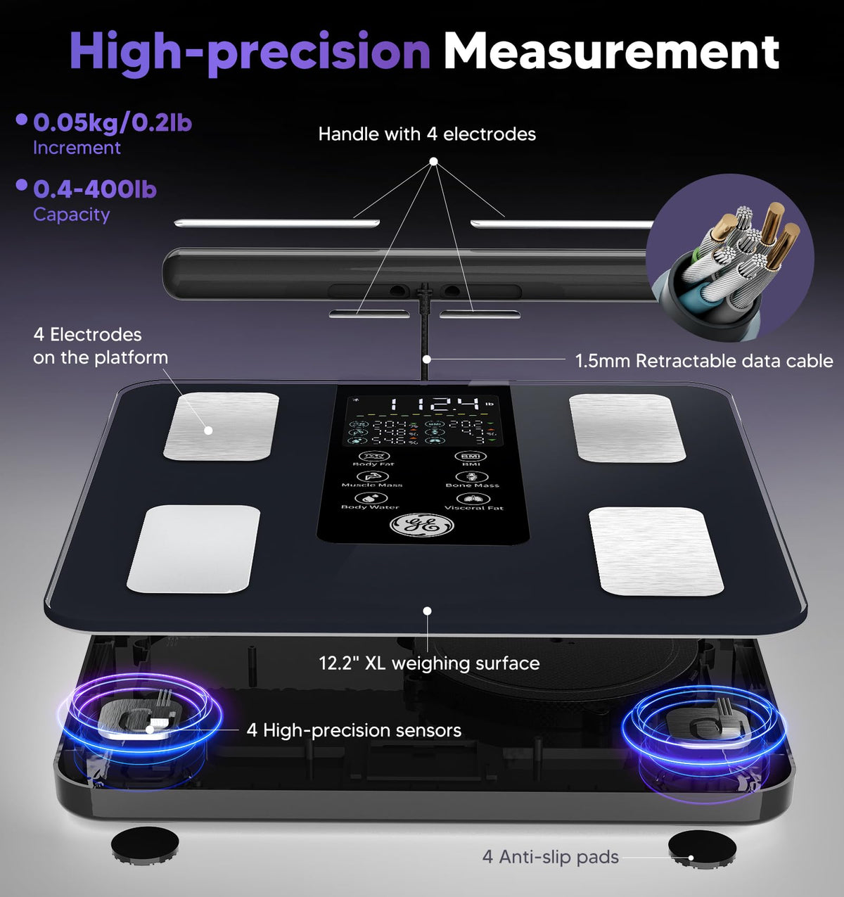Balance connectée GE Smart Scale : analyseur de composition corporelle Bluetooth à 8 électrodes – Modèle pratique
