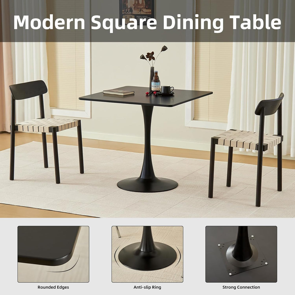 Table de salle à manger carrée, table tulipe de 80 cm dotée de plateau épais et pied en métal, table bistro moderne du milieu du siècle pour cuisine, petits espaces, salon, café (noir)