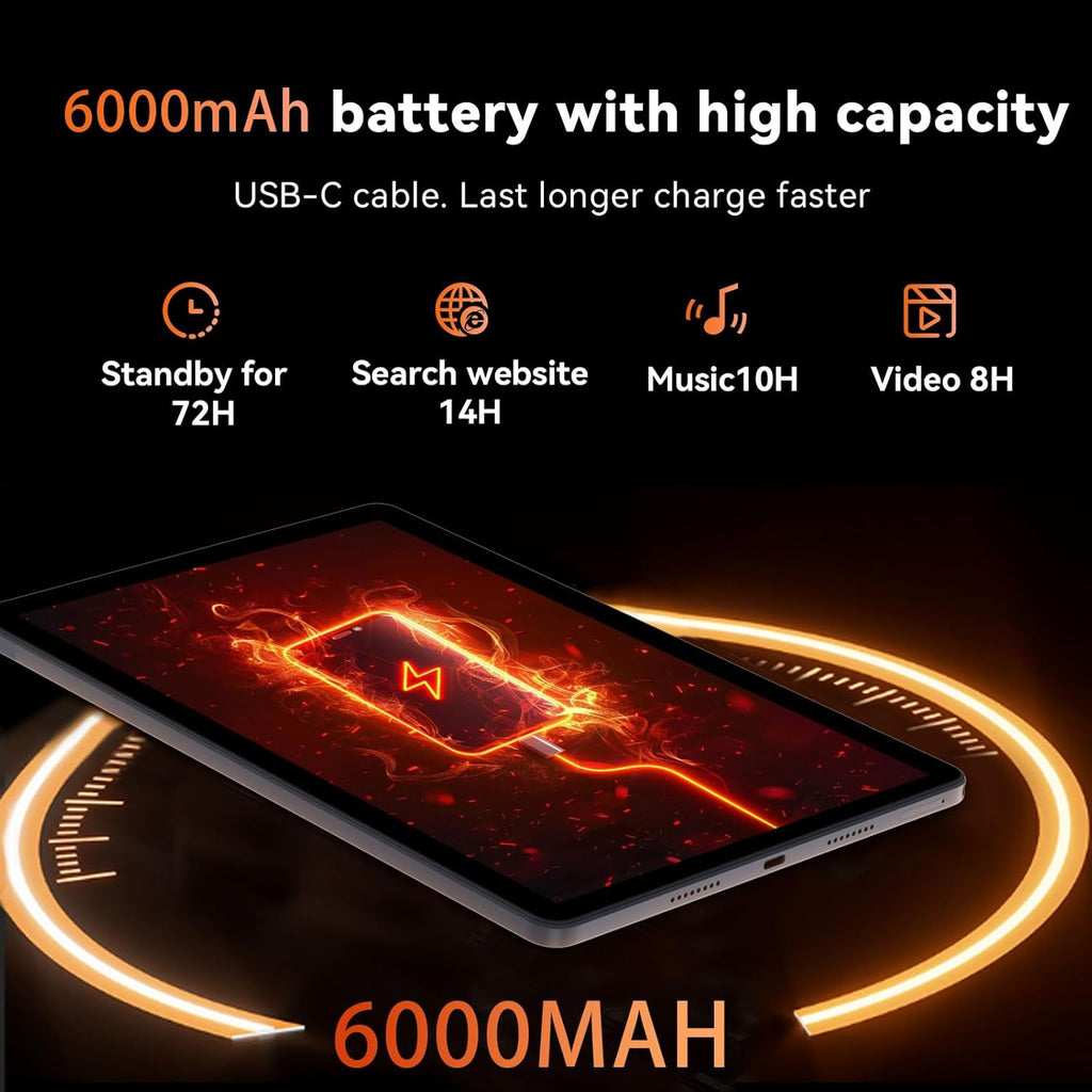 Tablette tactile HUIHUANG 10 pouces Android 14, 16 Go de RAM, 128 Go de ROM, extension jusqu'à 1 To, processeur octocœur, batterie haute capacité, double caméra 5 MP + 8 MP, Wi-Fi 5 GHz/2,4 GHz, Bluetooth 5.0, GPS, étui antichoc