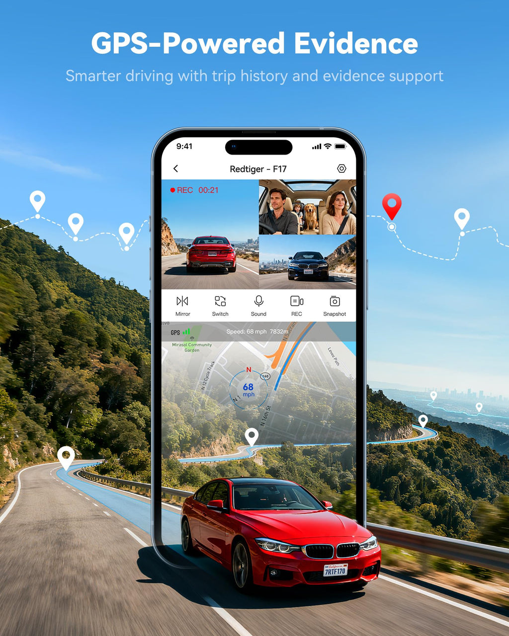 Caméra embarquée REDTIGER F17 4K à trois canaux doté de Wi-Fi et GPS