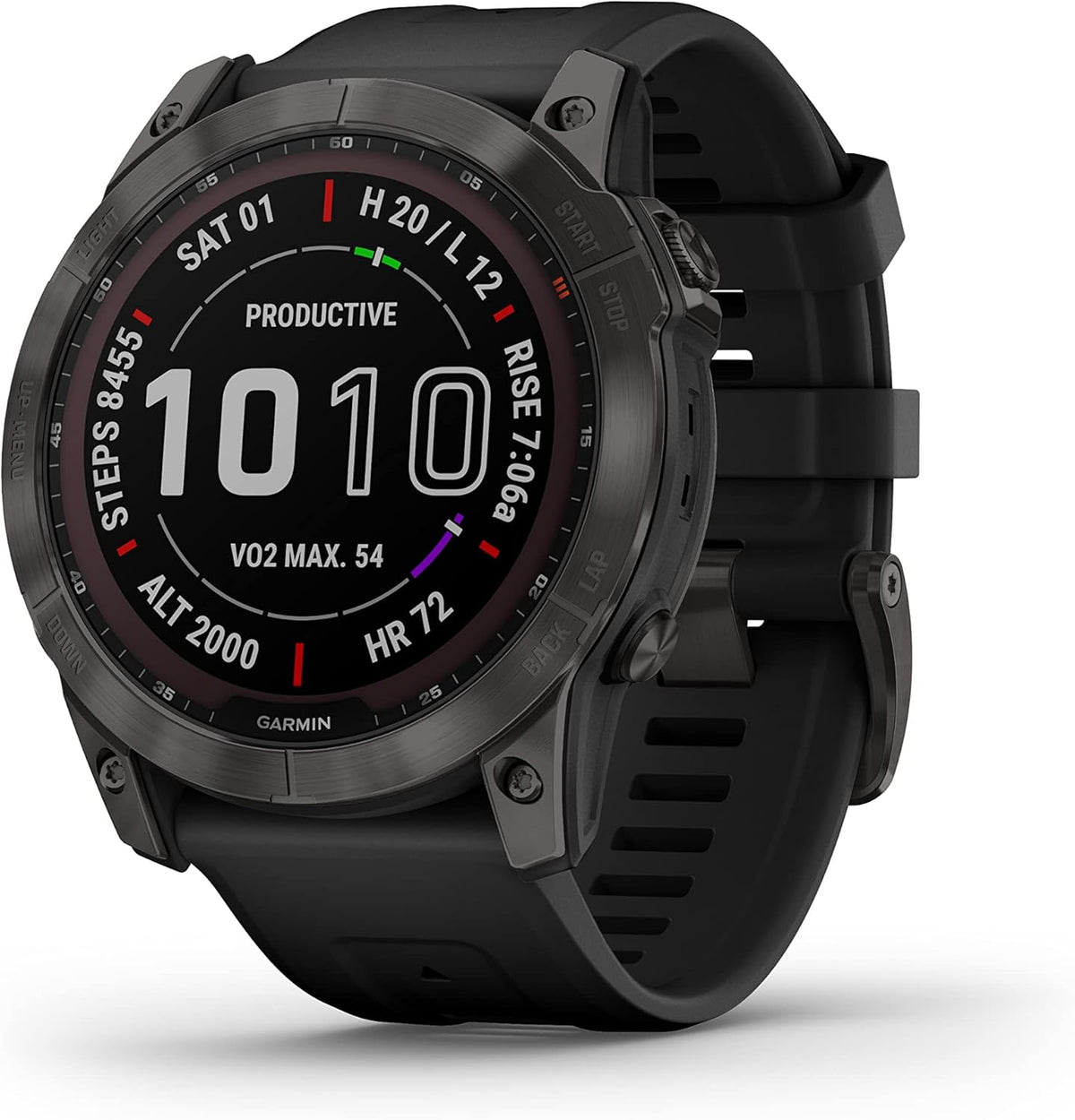 Présentation : Garmin Fenix 7X Sapphire Solar, montre connectée d'aventure grand format avec recharge solaire, robuste et dotée d'un GPS, d'un écran tactile et de fonctions bien-être. Boîtier en titane DLC gris carbone avec bracelet noir.
