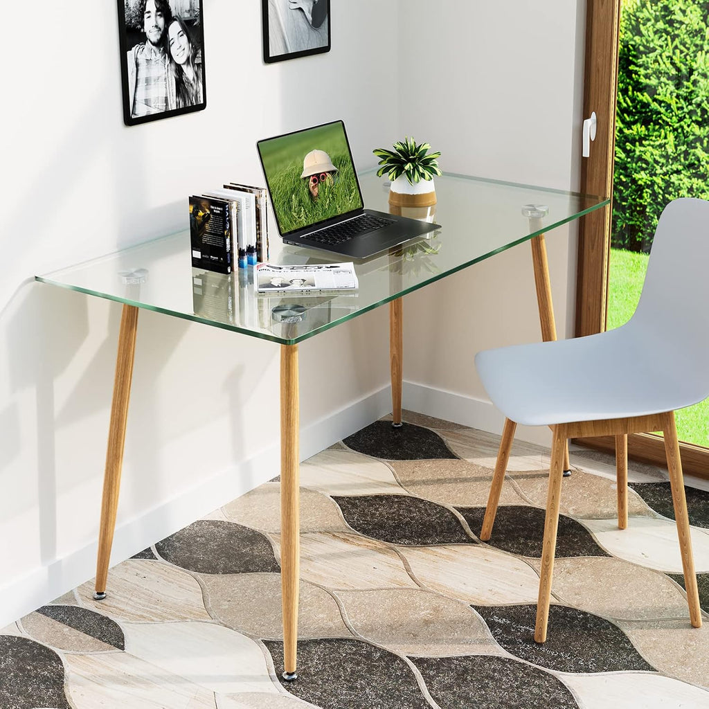 Table de salle à manger rectangulaire moderne en verre COSTWAY de 130 cm (51 pouces), dotée de pieds en acier imitation bois et plateau spacieux. Idéale pour la maison, le bureau ou la salle d'étude.