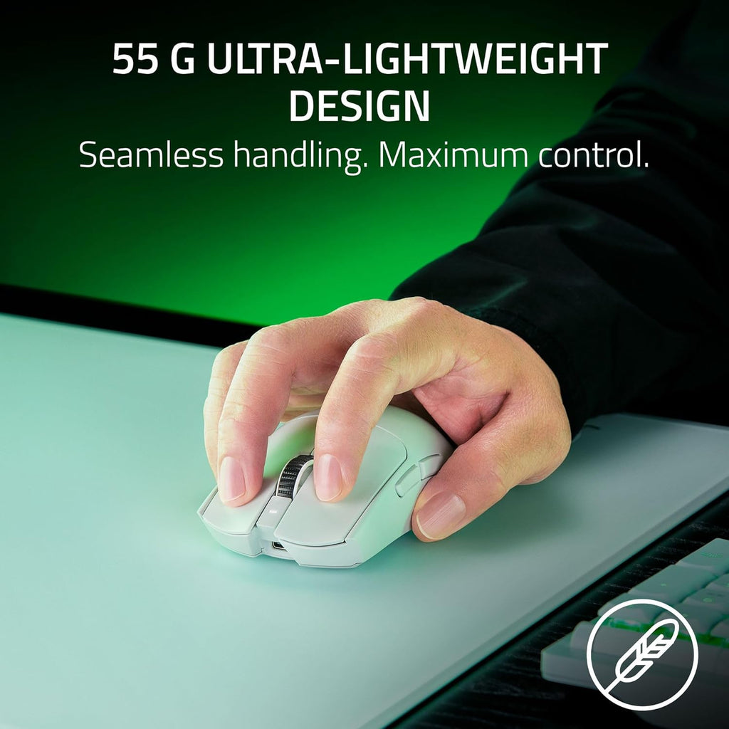 Souris gaming à connectivité sans fil Razer Viper V3 Pro : symétrique, légère (55 g), fréquence de rafraîchissement de 8 000 Hz, capteur optique 35 000 DPI, commutateurs optiques Gen3, 8 boutons programmables, autonomie de 95 h, blanche.