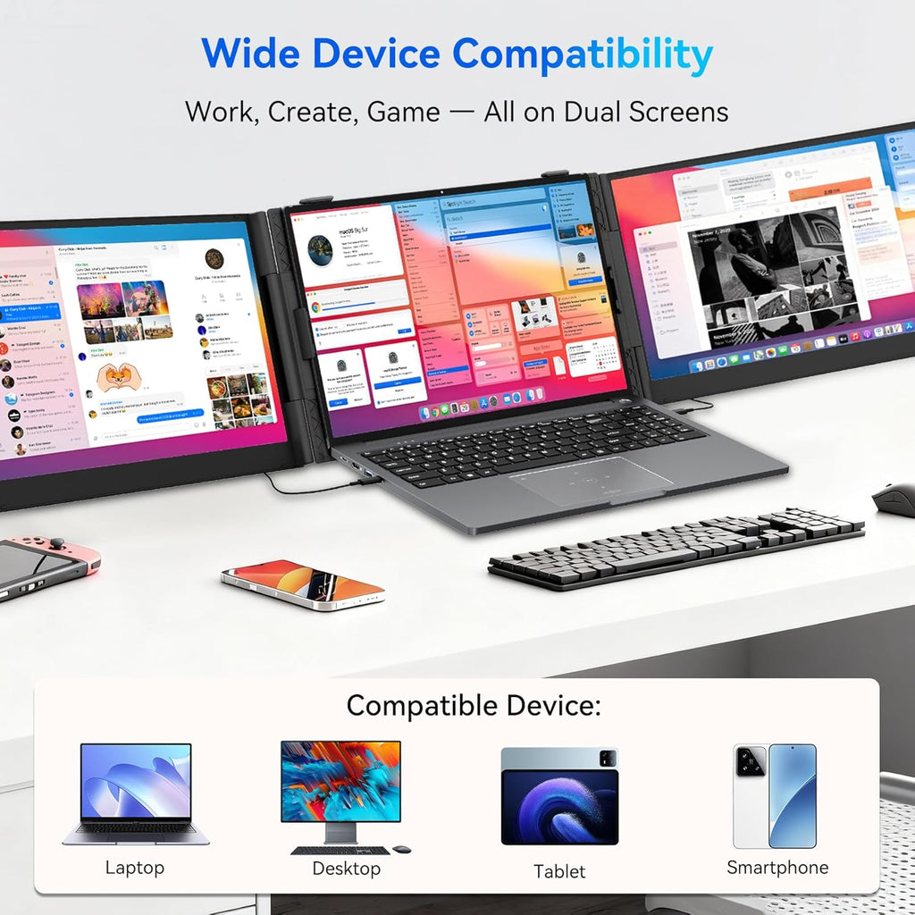 Blackview DCM6 Triple écran pour ordinateur compact portable 14 pouces, 1080p FHD IPS, écran externe compact portable, deux câbles USB-C, idéal pour les voyages, compatible avec les ordinateurs portables de 13 à 17 pouces, Plug & Play