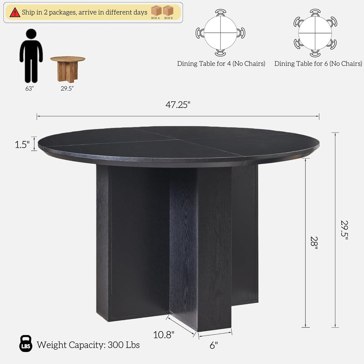 Table de salle à manger ronde moderne en bois OKD de 119 cm (47 pouces) pour 4 personnes, dotée de piètement en croix stable et plateau épais. Table ronde robuste idéale pour la salle à manger, la cuisine ou un coin repas. Finition chêne noir.