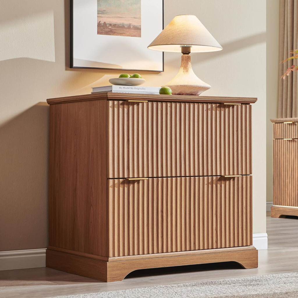 Classeur à deux tiroirs JXQTLINGMU dotée de station de charge, classeur latéral cannelé 30 pouces avec tringle de suspension pour dossiers format lettre/légal/A4, grand plateau pour imprimante, meuble de bureau en bois pour imprimante, finition grain