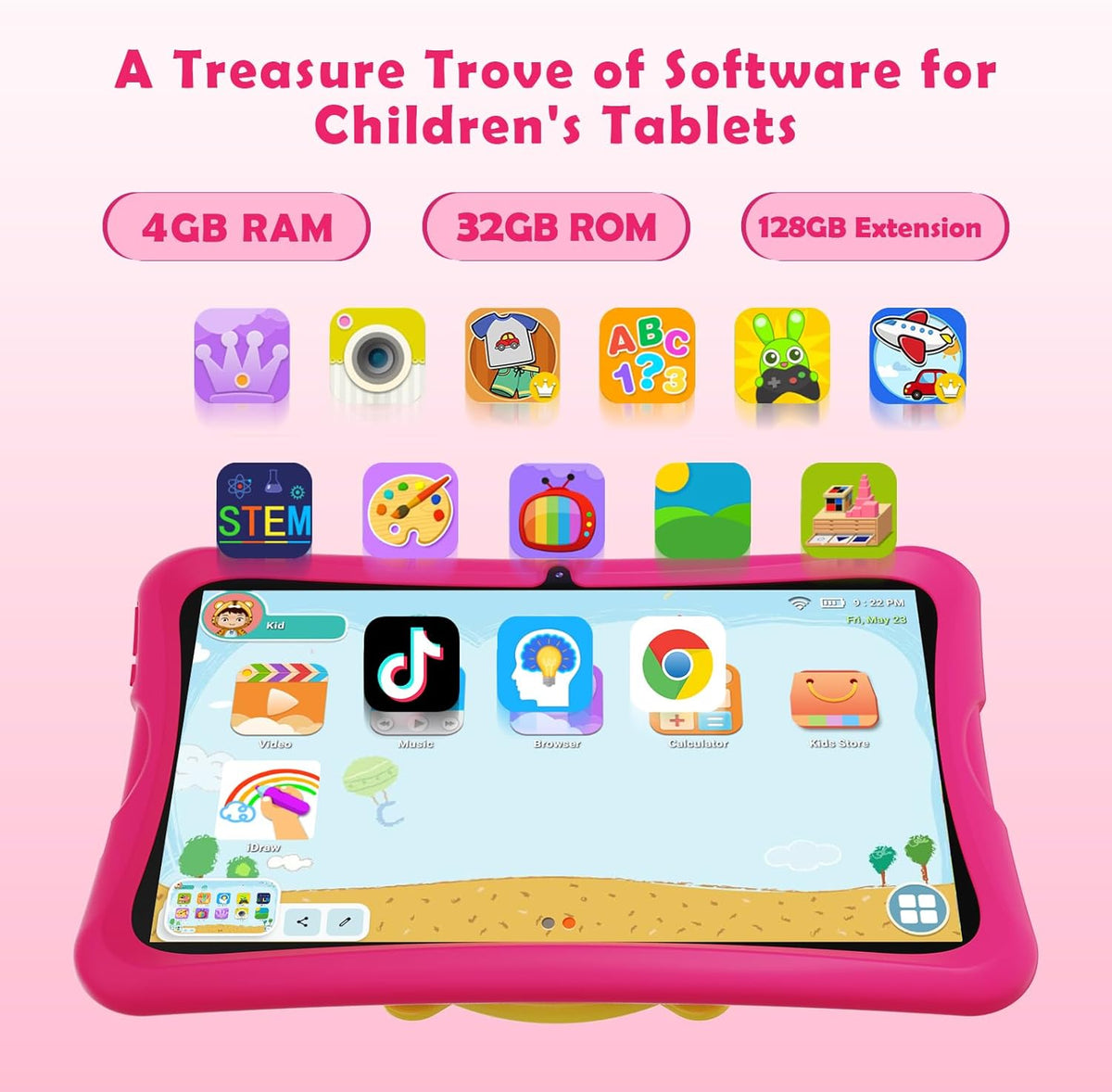 Tablette tactile DigiLand Android 15 pour enfants, 10,1 pouces, 6 Go de RAM + 32 Go de ROM (extensible via carte TF), contrôle parental, applications pour enfants préinstallées, double caméra 2 MP + 5 MP, tablette éducative Android avec étui de prote