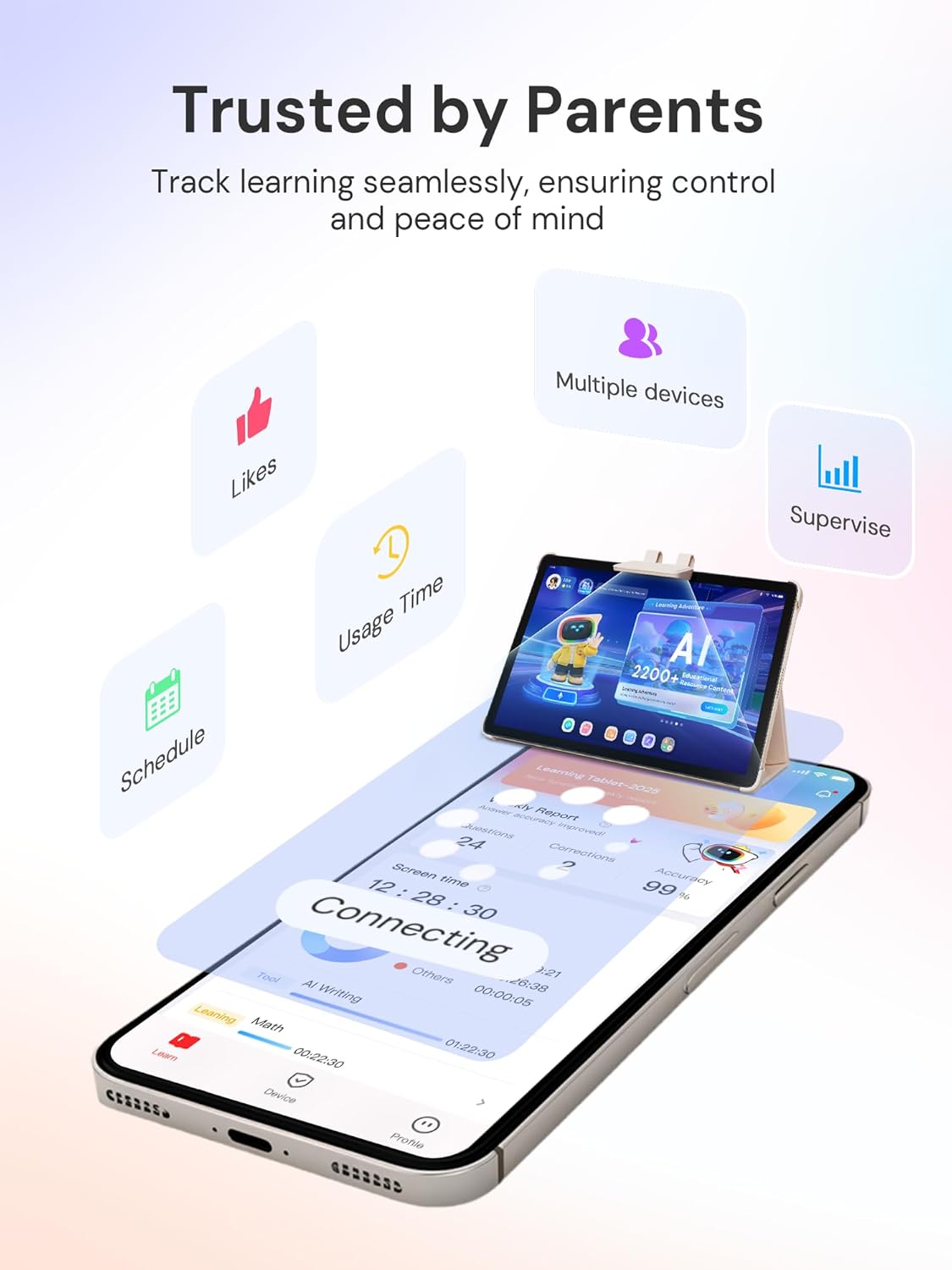 Tablette tactile pédagogique IA pour enfants avec contrôle parental - Plus de 50 000 contenus : apprentissage par l'IA (langue, mathématiques, alphabet, vocabulaire, lecture, phonétique, sciences, technologie, ingénierie, arts et mathématiques) pour