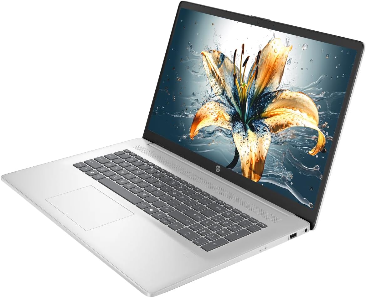 Ordinateur compact portable HP 17 : écran tactile HD+ LED antireflet de 17,3 pouces, Windows 11, 32 Go de RAM, SSD de 1 To, processeur AMD Ryzen 5, carte graphique AMD Radeon, pavé numérique, écouteurs NLY, couleur argent.