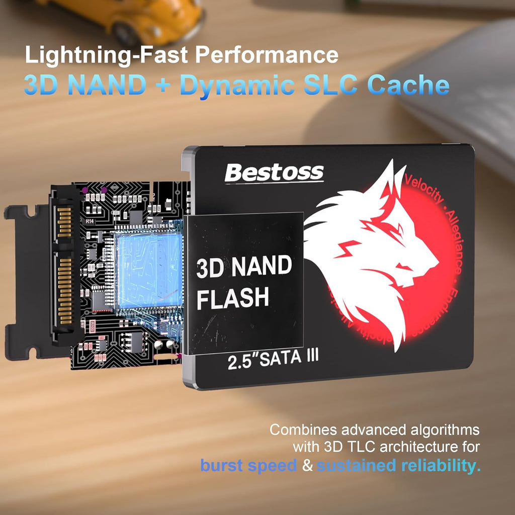 Disque dur interne SSD Bestoss 1 To 2,5 pouces pour PC ou ordinateur compact portable, SATA III 6 Gb/s, jusqu'à 550 Mo/s, idéal pour améliorer le stockage de votre ordinateur (bureau, étudiants, divertissement à domicile).