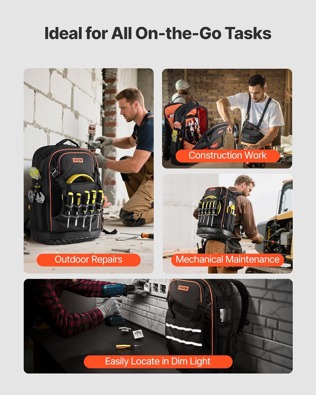 Sac à dos VEVOR pour outils, 65 poches, organisateur de rangement robuste avec compartiment pour ordinateur compact portable et fond moulé, sac à dos de chantier pour électriciens, réparateurs et techniciens CVC.