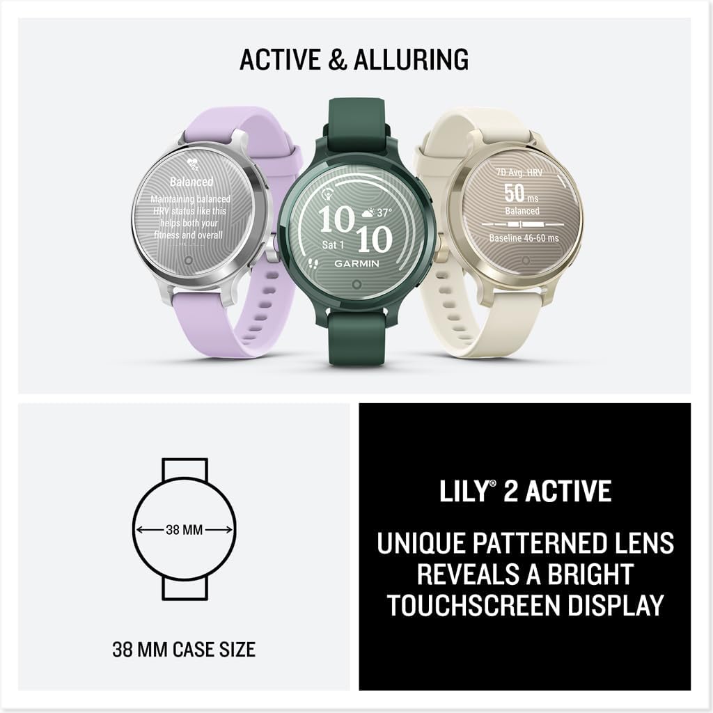 Présentation : Montre connectée Garmin Lily® 2 Active, petite et élégante, avec GPS intégré, écran dissimulé, verre à motifs, jusqu'à 9 jours d'autonomie, coloris vert jaspe et bracelet en silicone vert jaspe.