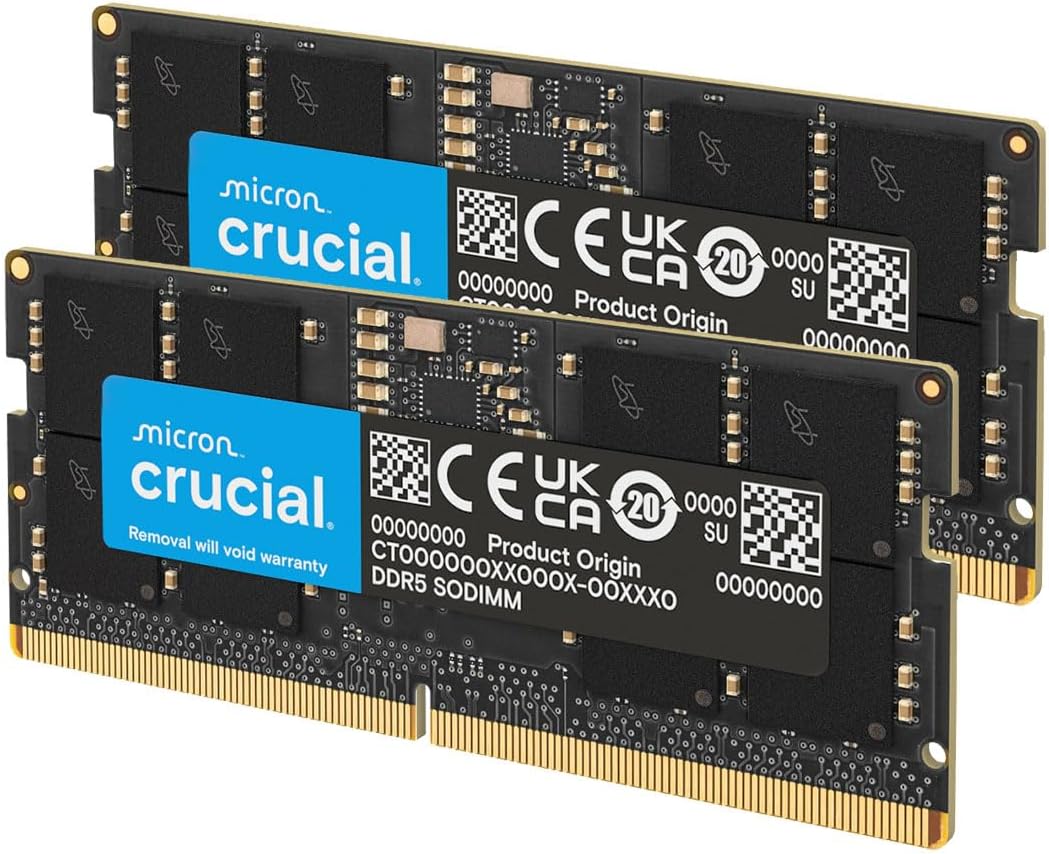 Kit de mémoire vive Crucial DDR5 64 Go (2 x 32 Go), 4 800 MHz CL40 pour ordinateur compact portable - SODIMM 262 broches - Compatible avec les processeurs Intel Core de 12e génération - CT2K32G48C40S5