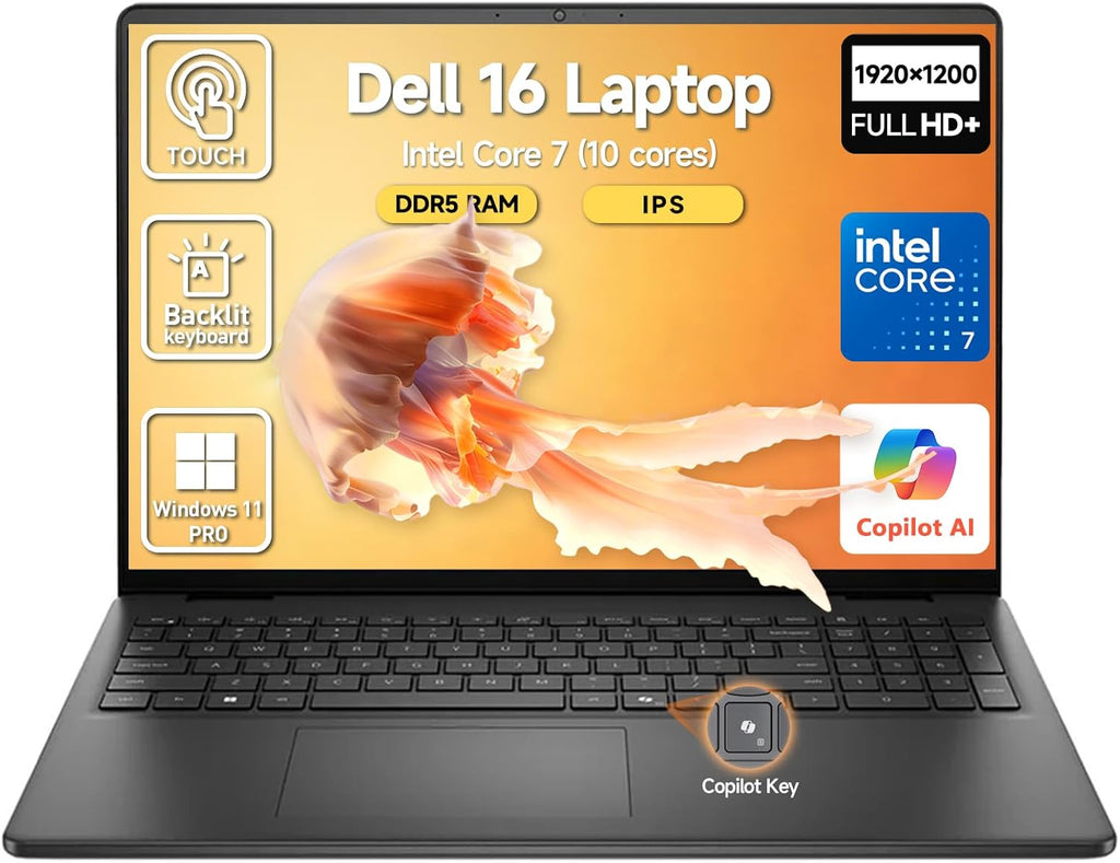 Ordinateur compact portable Dell 16 pouces à écran tactile FHD+ : PC compact portable idéal pour étudiants et professionnels, processeur Intel Core i7-1355U à 10 cœurs, 32 Go de RAM DDR5, SSD de 2 To, Windows 11 Pro, clavier rétroéclairé, touche
