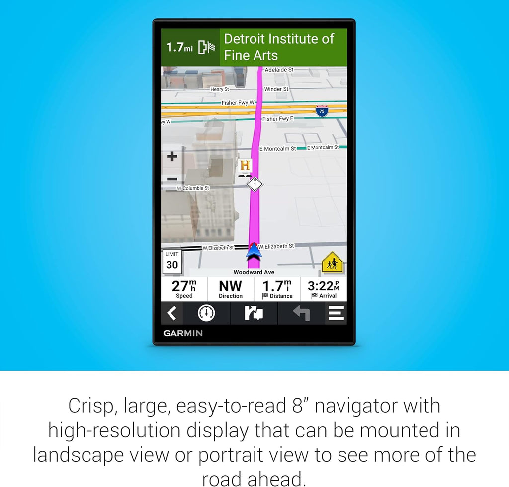 GPS de voiture Garmin DriveSmart 86 doté de écran 8 pouces, cartes haute résolution nettes et lumineuses et assistance vocale Garmin.