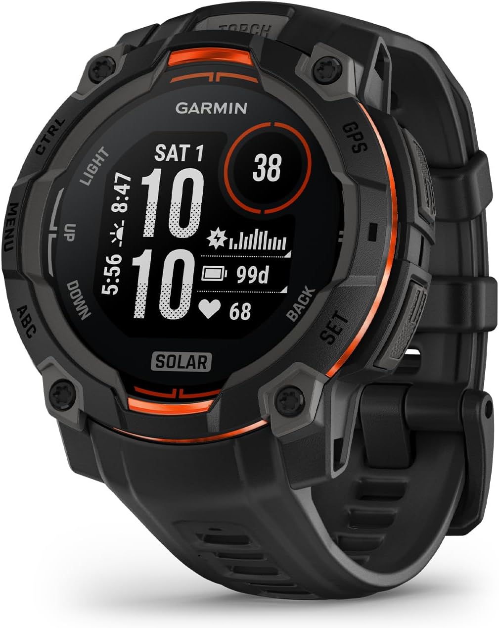 Présentation : Garmin Instinct® 3 45 mm, montre connectée GPS robuste pour l'extérieur, avec écran solaire, lunette renforcée en métal et lampe torche intégrée, couleur noire.