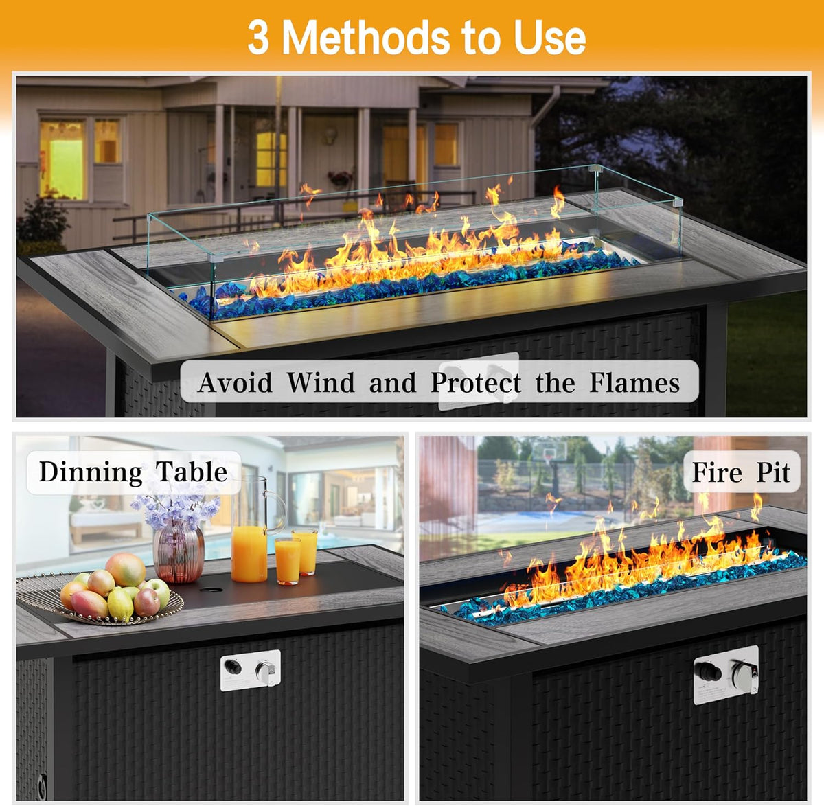 Foyer extérieur Meilocar 45 po (114 cm) au propane dotée de pare-vent en verre et housse anti-pluie, 50 000 BTU, 3 en 1, pour patio, cour ou balcon, plateau gris.